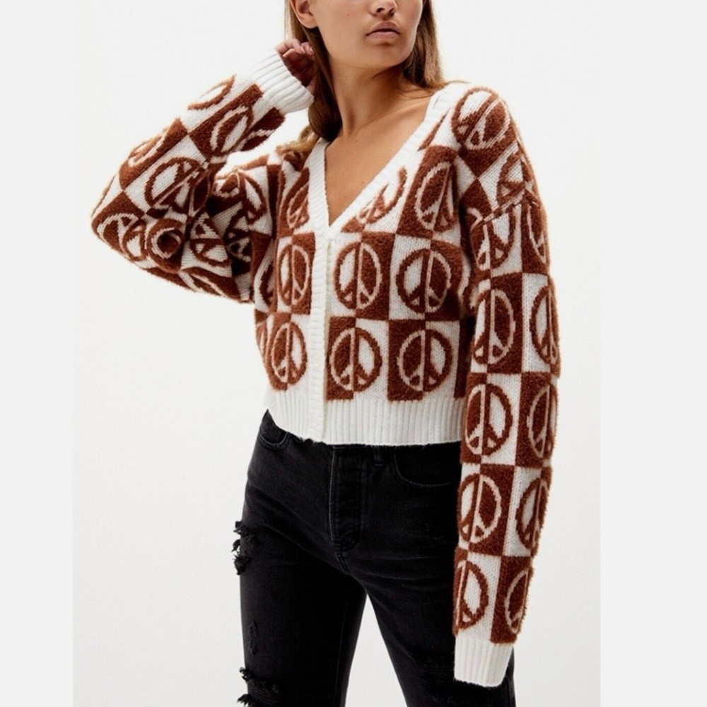 NEW peace sign cardigan by LA Hearts from Pacsun brown & cream very soft xs - Picture 2 of 11